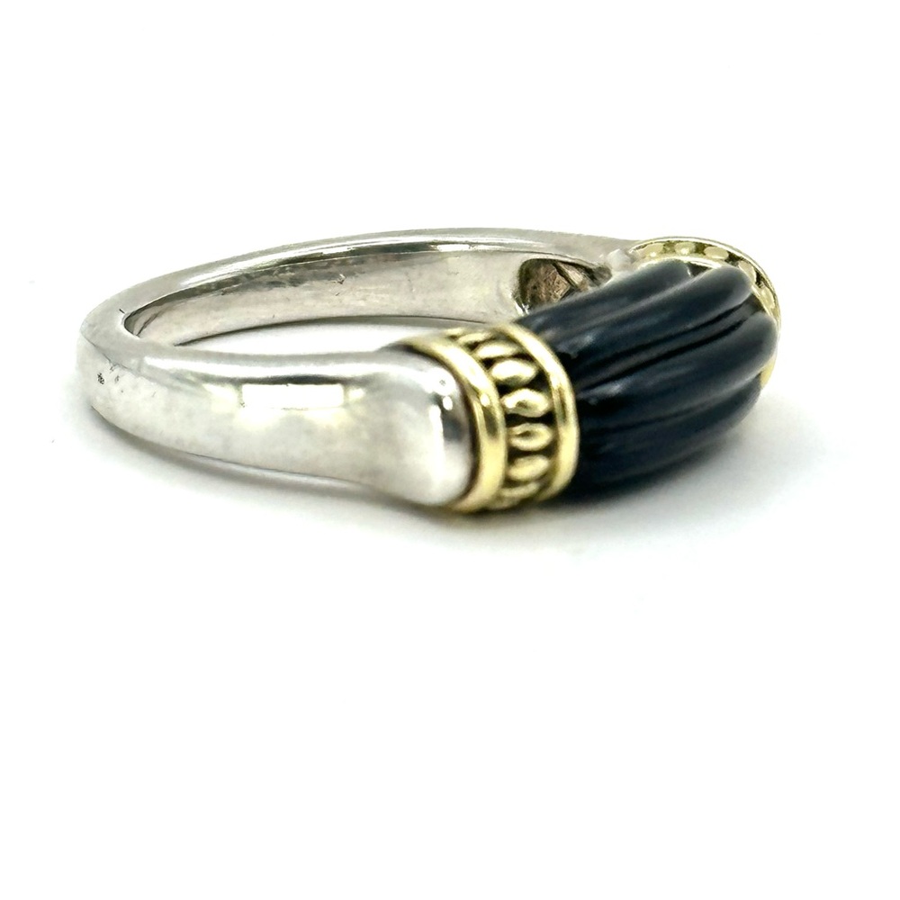 Lagos Caviar Fluted Black Onyx , Silver &18 Kt  Gold Ring Size 7 - Picture 3 of 10